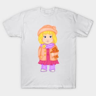 Baby girl in hat and spring clothes with a toy. Spring print T-Shirt